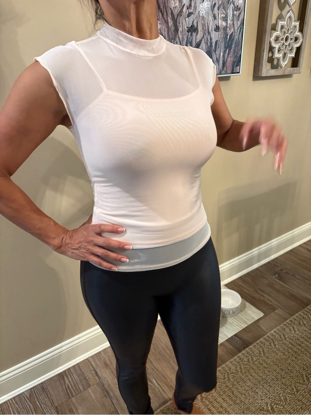 AQUA Sheer Layered Peach Mock-Neck Tank Top